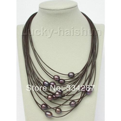 15row 14mm black pearls leather necklace magnet clasp