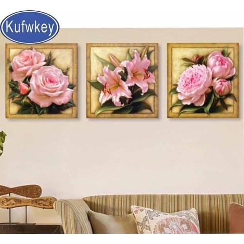 3 panels Pink Rose diamond painting Full Square,round diamond,rhinestone painting,Diamant Painting Mosaic Triptych picture Peony