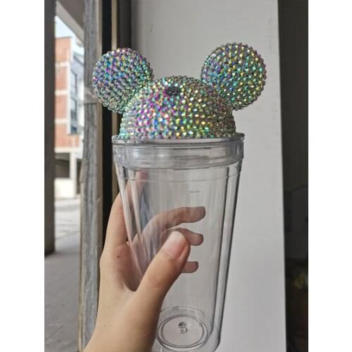 500ML Portable Tumbler Cute Mickey Plastic Diamond Reusable Straw Water Cup Simple Coffee Cup Juice Drink Gift