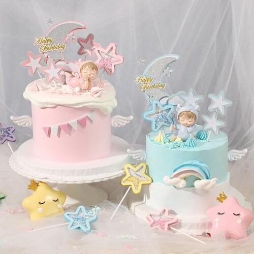 Glitter Stars Angel Cow Baby Birthday Party Cake TopperS Baking Decoration baptism Baby ShowersDecoration Cupcake Flag Supplies
