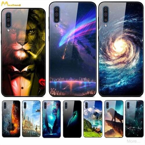 SamsungA50s Tempered Glass Case For Samsung Galaxy A50S A50 A30S Back Cover A 50S 30S Phone Cases Cute Cat City Nebula Patterned