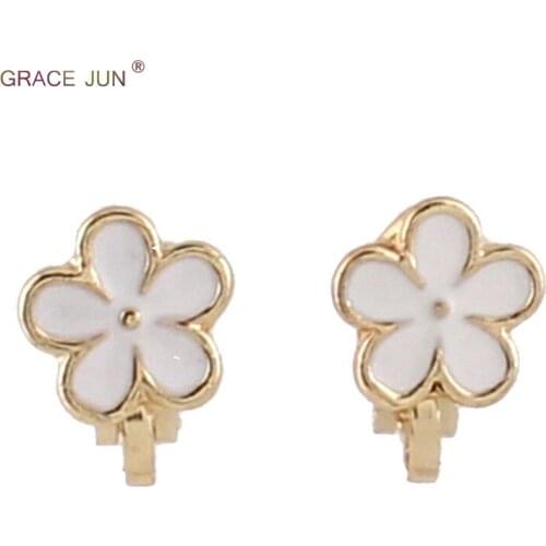 GRACE JUN Fashion Enamel Small Flower Clip on Earring Without Piercing for Women Kids Party Wedding Lovely Ear Clip Korea Style