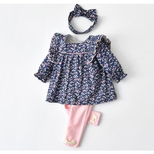 Kids Girl Set INS Styles Outfits Long Sleeve Spring/Autumn Clothes 3Pcs Headband Top Pants Suit Floral Print Chic Girls Clothing
