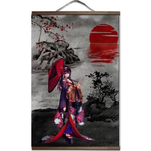 Red Japanese Kimono Girl Modern Art Print canvas Poster Canvas Scroll Painting with wood