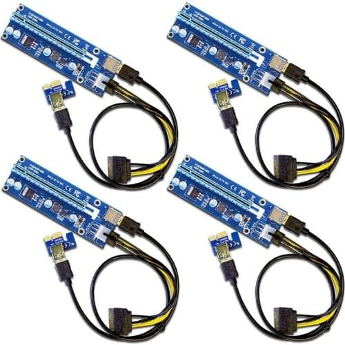 4-Pack PCIe 6-Pin PCI-E 16X to 1X Powered Riser Adapter Card with 60cm USB 3.0 Extension Cable & 6-Pin PCI-E to SATA
