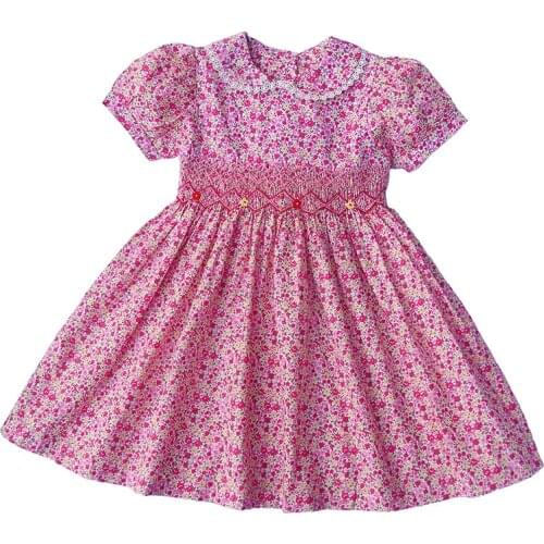 New Summer Kids Floral Printed Short Peter Pan Collar Lantern Sleeve Handmade Smock Belt Bowknot Girls 3-7yrs Princess Dresses