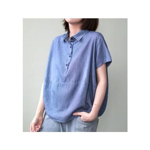 Solid Color Loose Denim Shirt For Woman Loose Korean Style Casual Turn Down Collar Button Summer Blouses Short Sleeve Jeans Tops