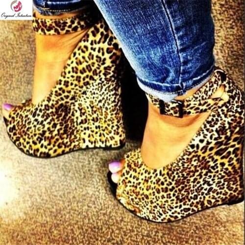 Original Intention Women Sandals Leopard Peep Toe Wedge Holidays High Heels Sandals Sexy Shoes Woman Plus Size 4-15