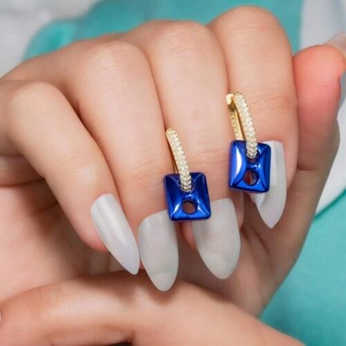 Zircon Stone Gold Color Rectangle Blue Hematite 925 K Silver Earrings