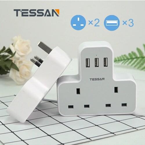 TESSAN Multiple Sockets UK Plug Extension Power Strip with 2 Outlets 3 USB Ports Portable Wall Charger Adapter for Home Travel