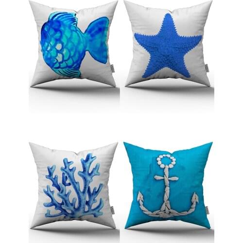 Blue White Marine Pattern 4'lü Digital Printed Pillow decorate Case Set Polyester Chair Seat Cushion Case Protector Home Decoration