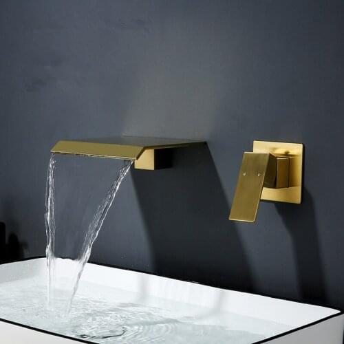 Waterfall Basin Sink Faucet Solid Brass Tap Hot and Cold Water Mixer Bathroom Taps Single Handle Two Hole Brushed Gold Black
