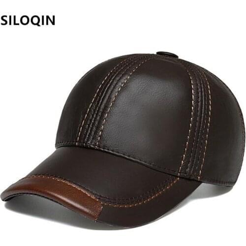 SILOQIN Snapback Cap Cowhide Leather Cap Mens Winter Cold Proof Warm Baseball Caps Adjustable Size Natural Leather Brands Hat
