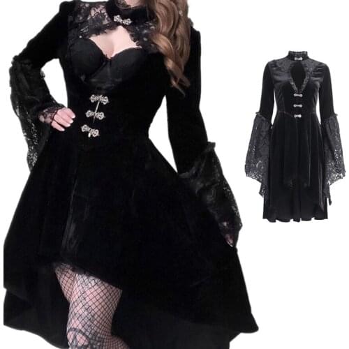 Stylish Black Frock Lace Stitching Dress Gothic Lolita Dress Hollow Pleated Dress Dark Streetwear Irregular Frock