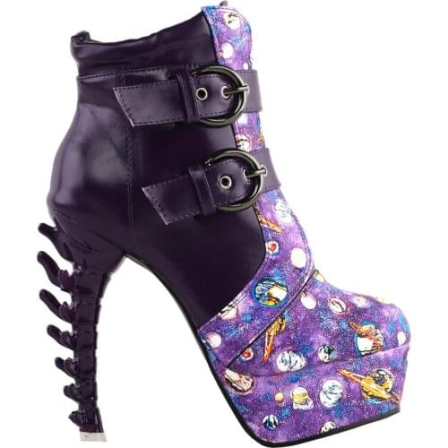 LF80685 SHOW STORY Punk Vintage Rockabilly Purple Strap Buckle High-top Bone Platform Ankle Boots
