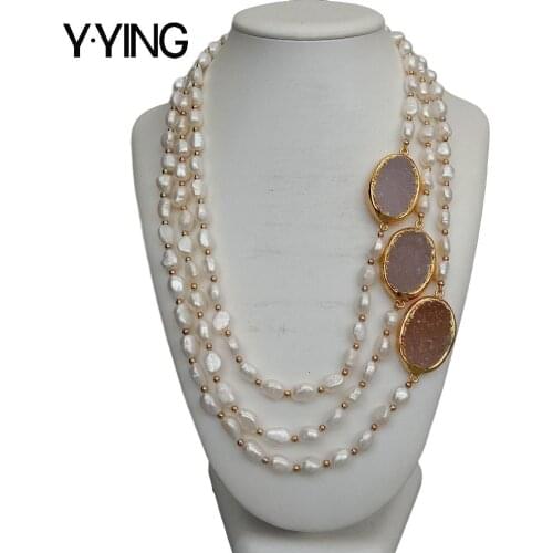 Y·YING 3 Strands Cultured White Baroque Pearl Oval Quartz Druzy Necklace20"