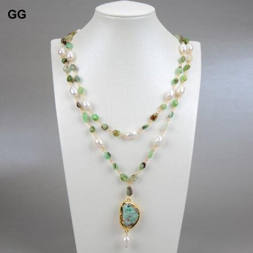 GuaiGuai Jewelry Natural Chrysoprase White Rice Freshwater Pearl Statement Necklace Green Emeralds Rough Pendant necklace 25"
