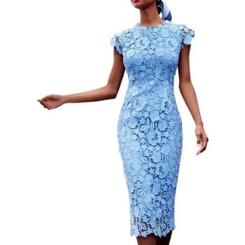 Fashion Wedding Party Dress Women O Neck Sleeveless Pencil Dress Mid Waist Lace Evening Blue Dress Banquet Party Vestidos