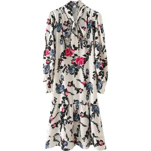 New Women Vogue Printed Dress V-neck with Scarf Long Sleeves Elegant Chic Lady Casual Midi Dresses Woman Robe