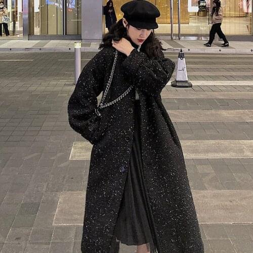 2020 Autumn Winter Clothing New Black Woolen Coat Loose Women Tweed Single Breasted Vintage Blend Coats Long Trench Casacos y408