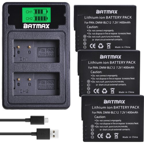 3Pcs DMW-BLC12 DMW BLC12 Battery + LCD Dual Charger for Panasonic Lumix DMC-FZ200,DMC-FZ1000,G5,G6,G7,DMC-GX8,DMC-G85,DMC-GH2