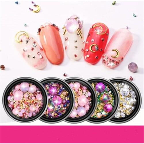1Box 3D Nail Art Mixed Decorations Crystal Rhinestones Star Moon Shape Hollow Nails Studs Rivet Mini Beads Nail Accessories
