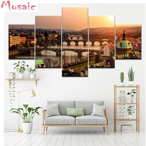 5 Pcs round Diamond Embroidery Multi-picture Castle sunset,city bridge Diamond Painting Full Square Rhinestone Diamond Mosaic