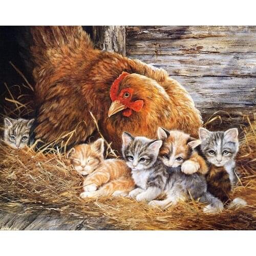 5D DIY Animal Round Diamond Painting Cross Stitch Diamond Embroidery Kits Diamond Mosaic home Decorative Drill Cat and Chicken