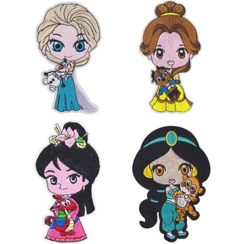 Disney Elsa Mulan Belle Princess Embroidery Patches Children For Clothing DIY Iron On Patch Bag Custom Patch Accessories
