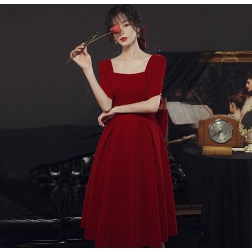 Special Occasion Dresses Vintage Square Collar Short Bow Backless Luxury Burgundy A-Line Fashion Elegant Women Prom Gown E857