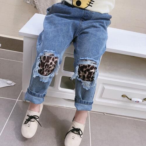 2020 Leopard Girls Jeans With Holes Childrens Jeans Patches Denim Pants For Kids Toddler Jeans Boys Ripped Trousers Clothing