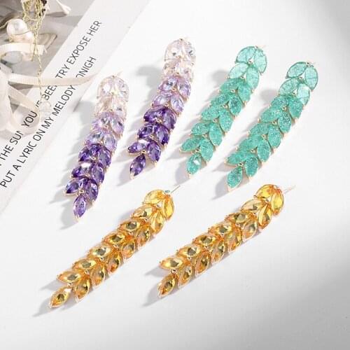 European and American fashion banquet long leaf tassel earrings purple gradient Gem wheat ears elegant ear jewelry female