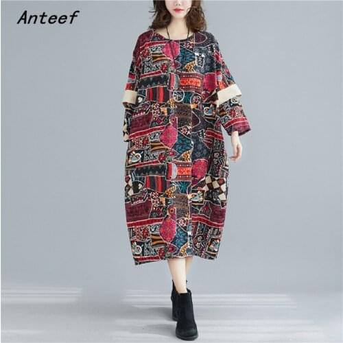 Plus size cotton linen vintage floral for women casual loose long spring autumn dress elegant clothes 2021 ladies dresses