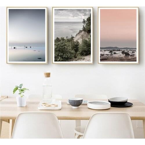 Modern Ocean Print Gallery Wall Art Canvas Painting Beach Pink Sunset Waves Landscape Posters Wall Pictures Living Room Decor