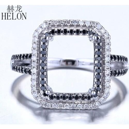 HELON Solid 14K White Gold 0.46ct Natural Diamonds & Black Diamond Semi Mount Engagement Ring Setting Fit Cushion Cut 10X8mm