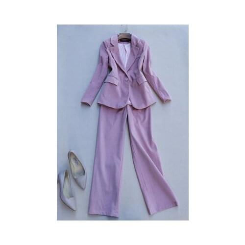 Fashion suit Two set spring New high quality corduroy retro slim one button suit women + wide leg pants Two-piece suit women