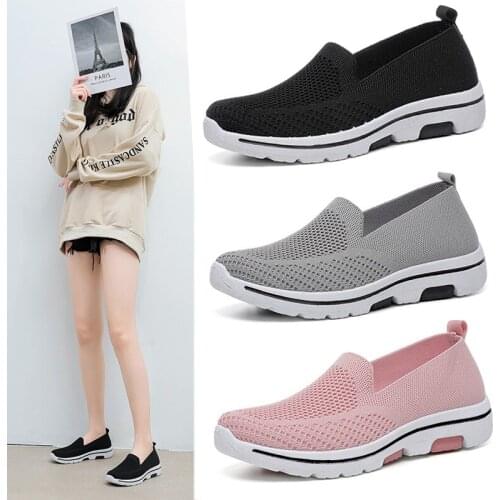 Summer fashion mesh breathable womens shoes soft sole casual sports flying woven flat walking shoes