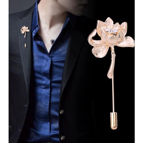 New Fashion Lotus Flower Brooch Crystal Long Needle Pins and Brooches Scarf Buckle Suit Lapel Pin for Women and Men Accessories