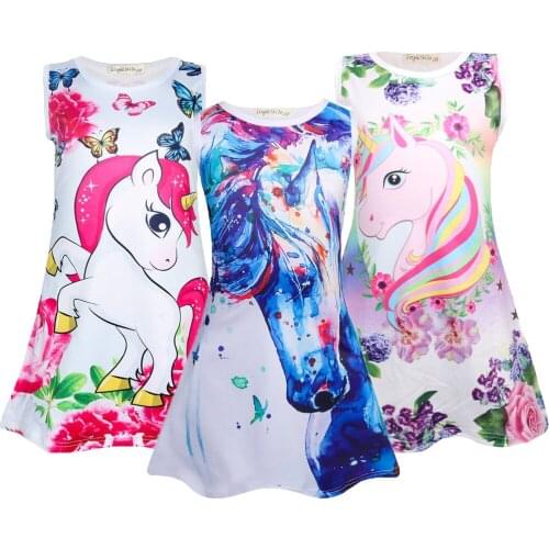 2-9 Years Unicorn Girls Dresses Cartoon Pattern Summer Kids Clothes Children Birthday Present Home Party Dress Clothes
