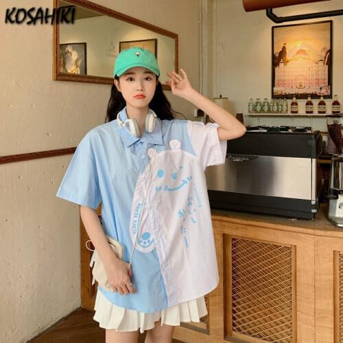 KOSAHIKI Streetwear Harajuku Blouse Cartoon Printing Kawaii Short Sleeve Shirt Contrast Casual Single Breasted Blouses Shirts