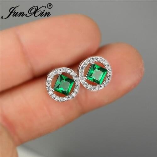 Boho Crystal Round Earrings White Gold Green Purple Blue Stone Zircon Wedding Stud Earrings For Women Square Ear Studs Jewelry