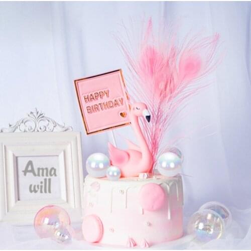 Amawill Fantasy Fairy Tale Laser Ball Pink Flamingo Happy Birthday Cake Topper Peacock Feather Christmas Wedding Dessert Decor