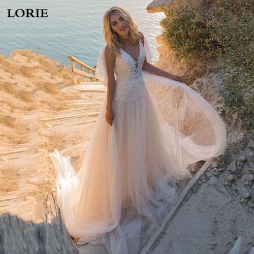 LORIE Boho Wedding Dresses Sexy V Neck A-Line Beaded Lace Appliques Wedding Bridal Gowns Beach Bridal Dress 2021