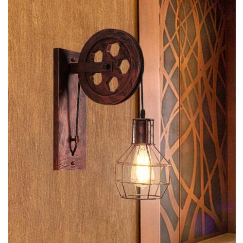 Vintage Led Pulley Wall Lamp American Retro Loft Wall Mounted Luminaire Wrought Iron Rust Suspension Industrial Lights Fixture