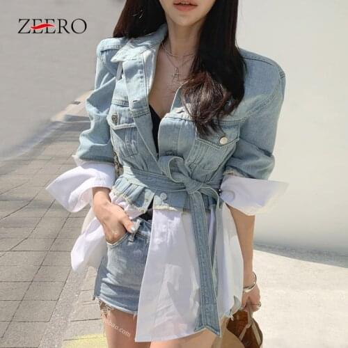 2019 Autumn Chic Women Casual Denim Jacket Denim Coats Lapel Collar Long Sleeve Lace Up Patchwork Fake Two Woman Jean Jackets