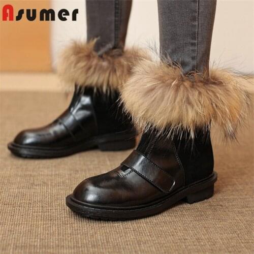 Asumer 2021 Top Quality Ankle Boots Women Patent Leather +Suede Leather Winter Shoes Warm Low Heel Snow Boots Women Black