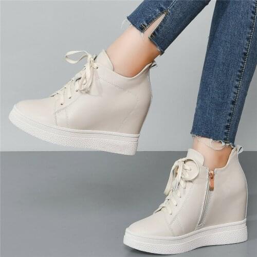 10cm High Heel Oxfords Women Lace Up Genuine Leather Wedges Ankle Boots Female Round Toe Platform Fashion Sneakers Casual Shoes