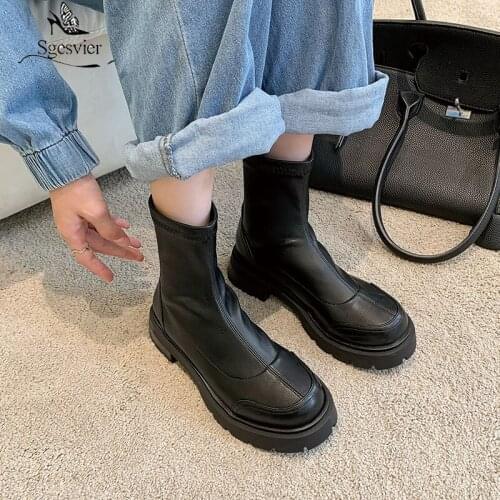 Sgesvier Motorcycle PU leather boots 2021 autumn boots women thick med heels round boots women boots slip on Chelsea boots
