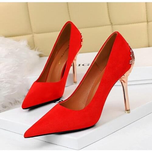 Elegant Metal Carved Heels Women Pumps 2020 High Quality Fashion Sexy Suede High Heels 10cm Shoes Woman Wedding Shoes