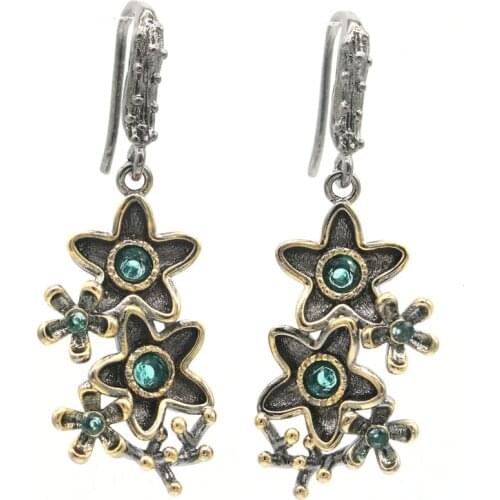 45x16mm Bohemia Design Flowers 6.4g Vintage Created Aquamarine Pink Tourmaline For Women Black Metal Silver Earrings Daily Wear